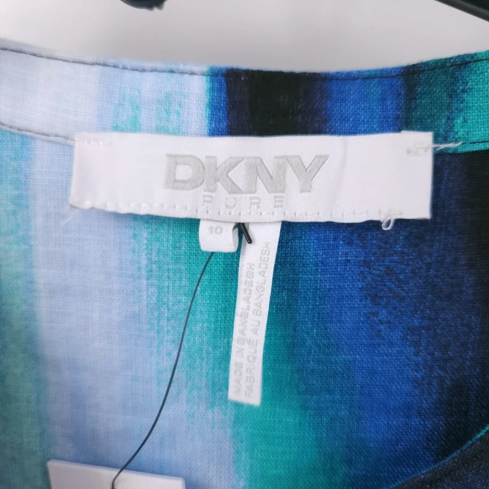 DKNY Brushstroke Caribbean Printed Asymmetrical Button Fit & Flare Dress Size 10